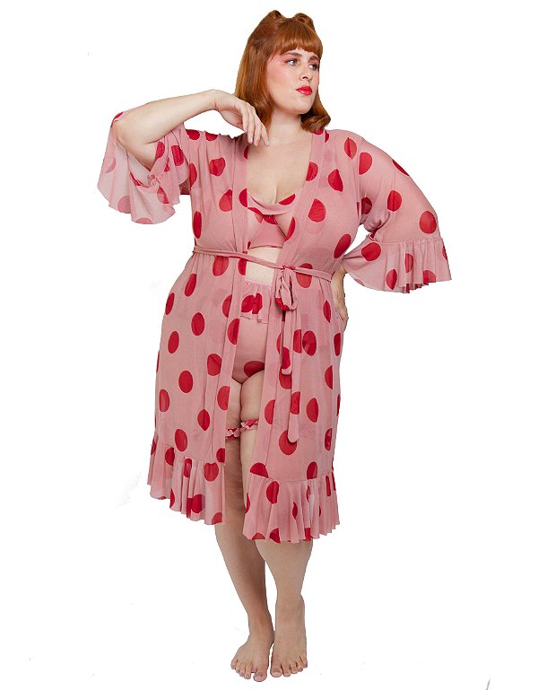 Kimono plus size de tule maxi poá rosa vintage