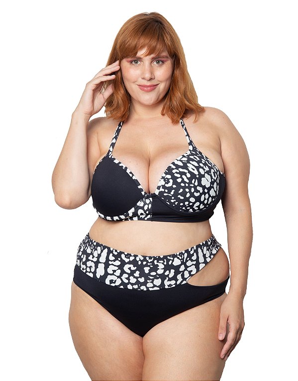 Parte de cima biquíni plus size com bojo animal print bicolor Preto