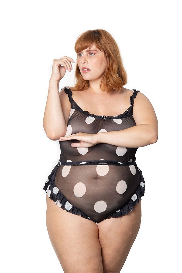 Body jardineira Plus size Poá Preto