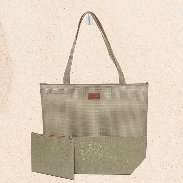 Bolsa de Praia com Necessaire na cor Dourado Shine com Tela Bege