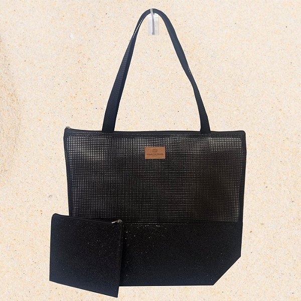 Bolsa de Praia com Necessaire na cor Preto Shine com Tela Preta