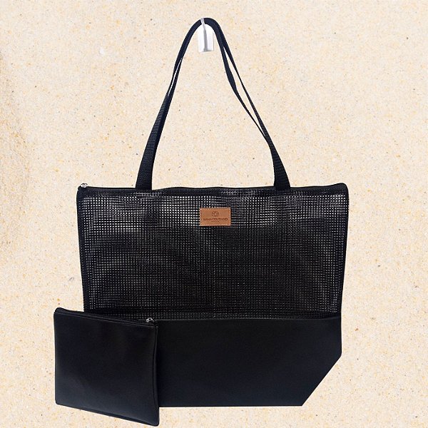 Bolsa de Praia com Necessaire na cor Preta com Tela Preta