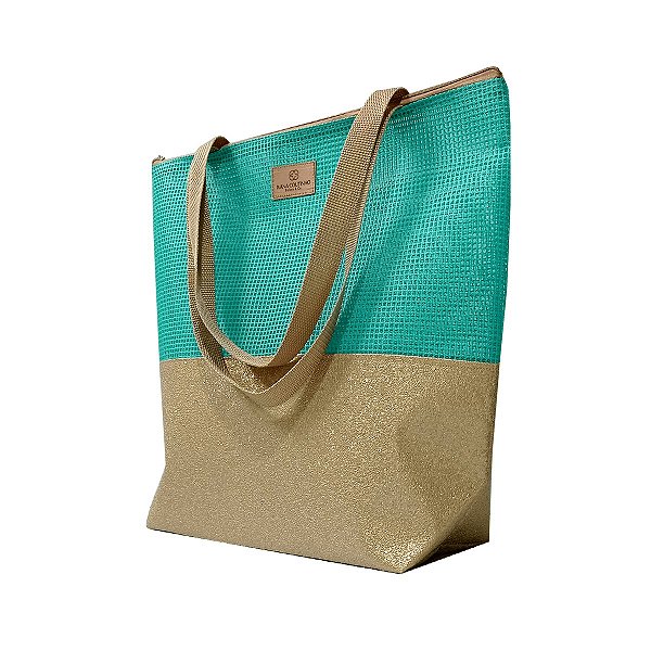Bolsa de Praia com Necessaire na cor Dourado Shine com Tela Tiffany