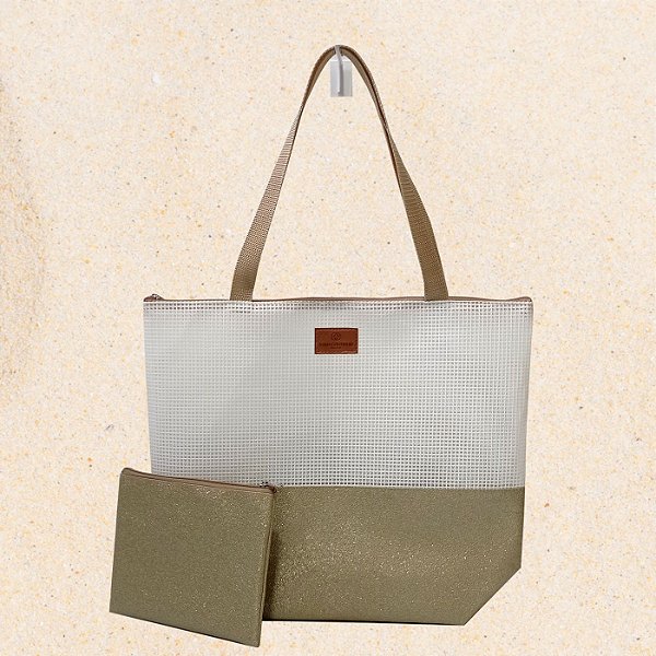 Bolsa de Praia com Necessaire na cor Dourado Shine com Tela Branca
