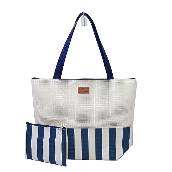 Bolsa de Praia com Necessaire na cor Azul Listrada com Tela Branca