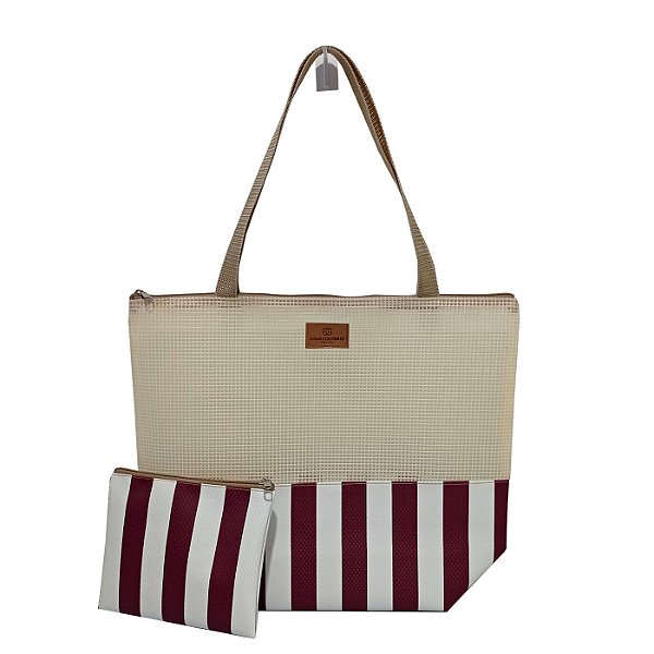 Bolsa de Praia com Necessaire na cor Vinho Listrada com Tela Palha