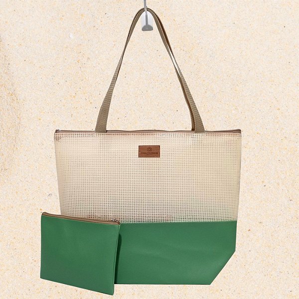 Bolsa de Praia com Necessaire na cor Verde Oliva com Tela Palha