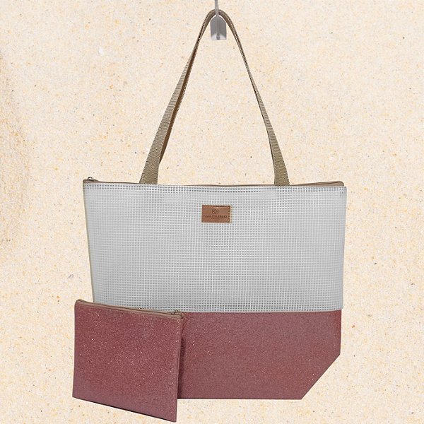 Bolsa de Praia com Necessaire na cor Rosa Shine com Tela Branca