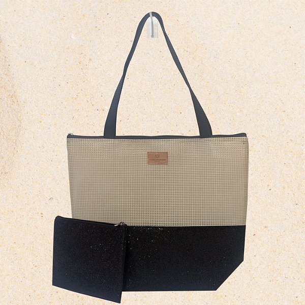 Bolsa de Praia com Necessaire na cor Preto Shine com Tela Bege