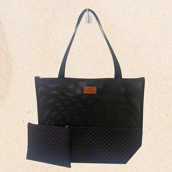 Bolsa de Praia em Tela Premium Preta com Matelassê Preto