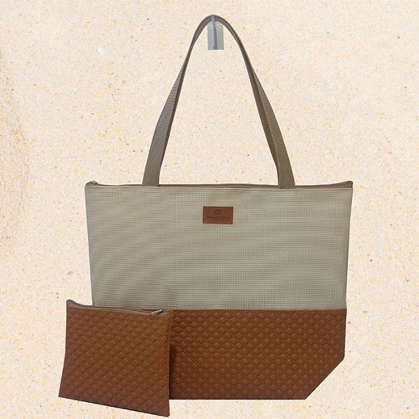 Bolsa de Praia em Tela Premium Creme com Matelassê Caramelo