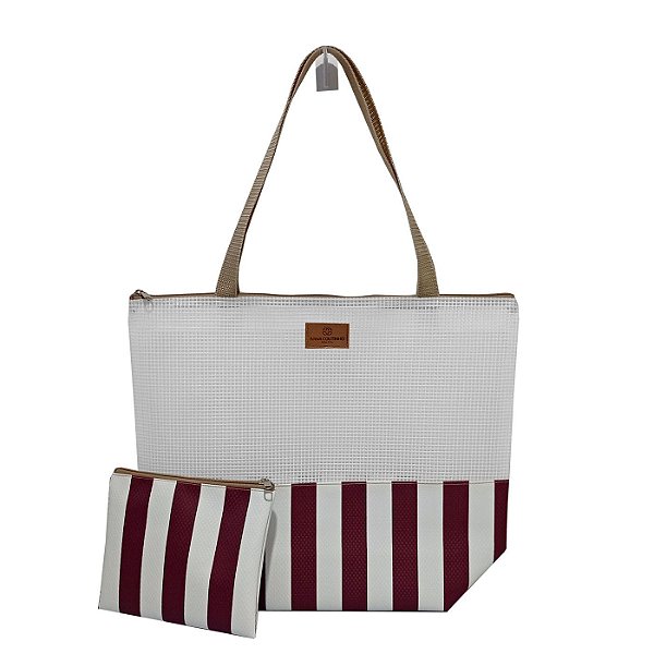 Bolsa de Praia com Necessaire na cor Vinho Listrada com Tela Branca