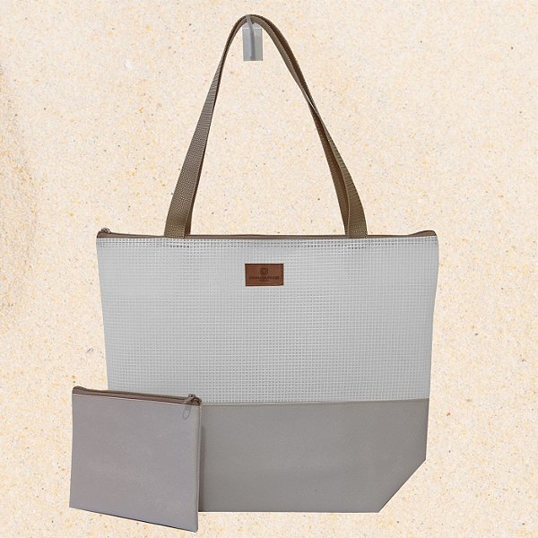 Bolsa de Praia com Necessaire na cor Perolado com Tela Branca