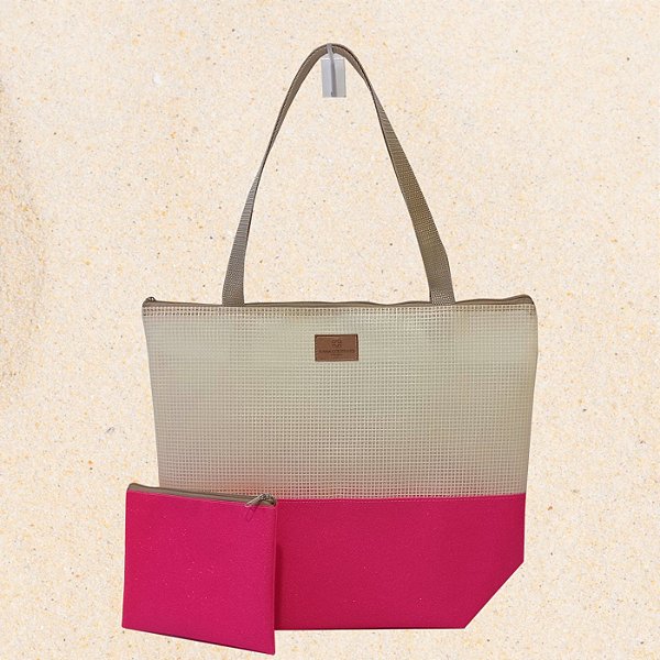Bolsa de Praia com Necessaire na cor Pink Shine com Tela Palha