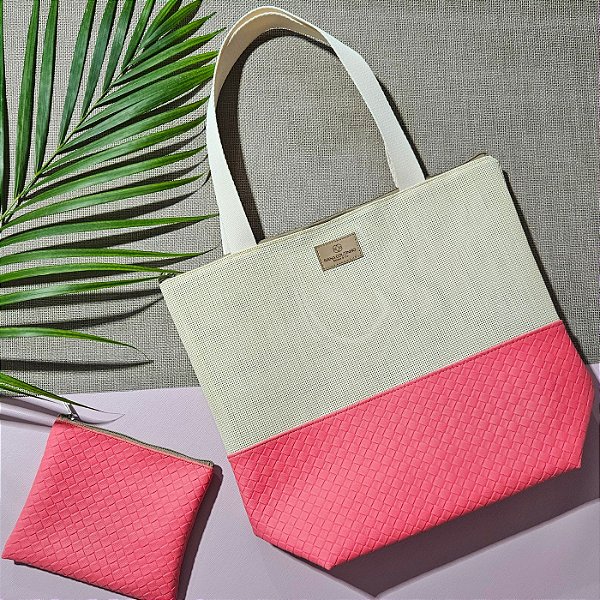 Bolsa de Praia com Necessaire - Trançado Luxo - Chiclete