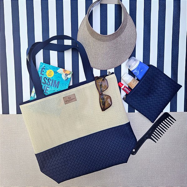 Bolsa de Praia com Necessaire - Trançado Luxo - Marinho