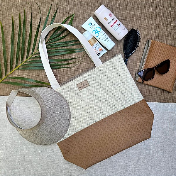 Bolsa de Praia com Necessaire - Trançado Luxo - Caramelo