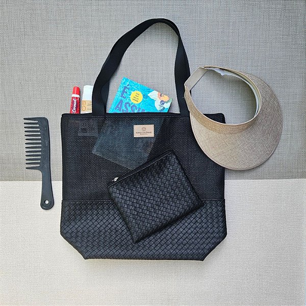 Bolsa de Praia com Necessaire - Trançado Luxo - Preto