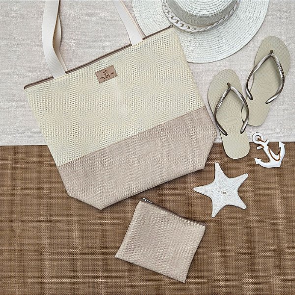 Bolsa de Praia com Necessaire - Sintético Palha - Bege
