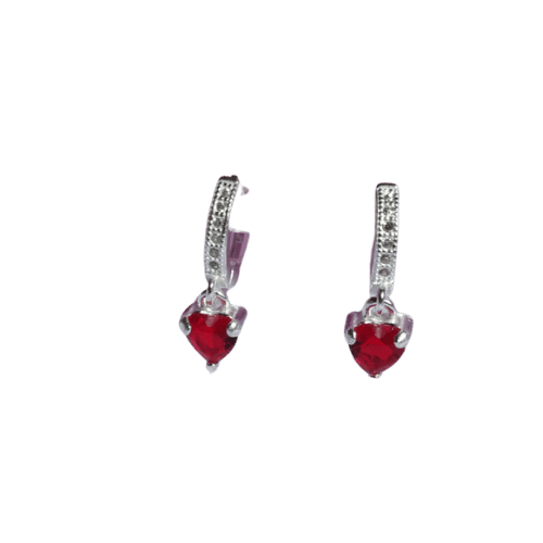 Brinco de Prata Argola Click com Pingente Coração Pedra Rubi