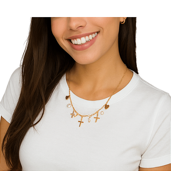 Colar Choker 35cm Banhado a Ouro 18k com Pérolas,cruz