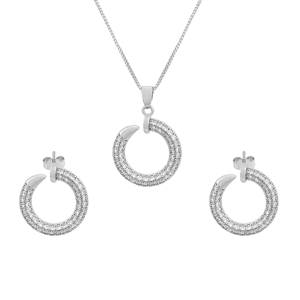 Colar e Brinco Prego Cravejado Zircônias - Ródio Branco