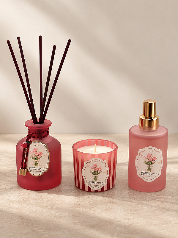 Trio Florescer - Vela, Difusor e Home Spray - Damasco e Pimenta Branca