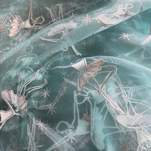 Tecido Organza Cristal Bordado Bailarina - 1,45x1,00m Azul Tiffany