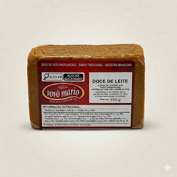 Doce de Leite Puro em Tablete com Açúcar (Tradicional) sem Glúten 450g Doce Vovô Mário
