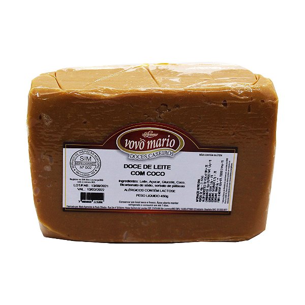 Doce de Leite com Coco em Tablete com Açúcar (Tradicional) sem Glúten 450g Doce Vovô Mário