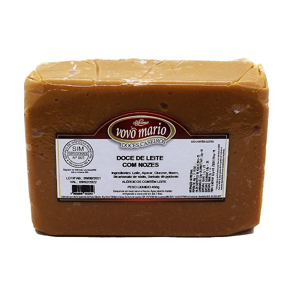 Doce de Leite com Nozes em Tablete com Açúcar (Tradicional) sem Glúten 450g Doce Vovô Mário