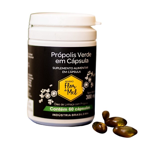 Extrato De Própolis Verde Puro Em Cápsulas 300mg com 60 Cápsulas Apiário Flor de Mel