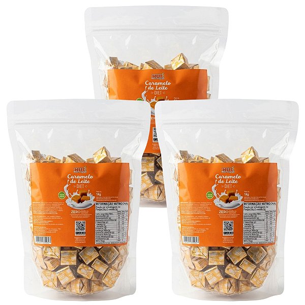 Caramelo de Leite Diet Hué (Sem Adição de Açúcares) Sem Glúten Pacote 1KG​ Kit 3 unidades