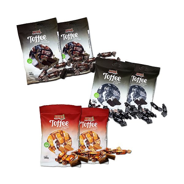 Kit Balas Toffee Diet Hué Sortidas: Leite Café e Chocolate - 6 unidades