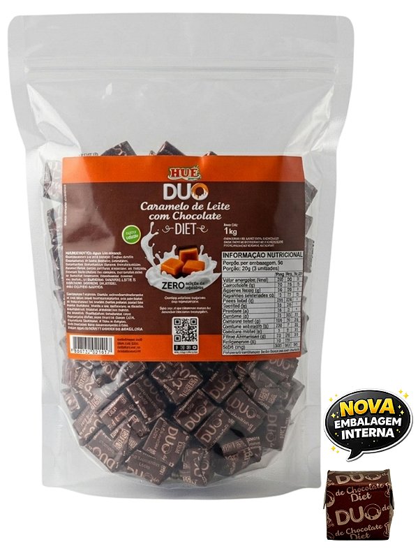 Bala Duo Caramelo de Leite Diet com Chocolate Hué (Sem Adição de Açúcares) Sem Glúten Pacote 1KG