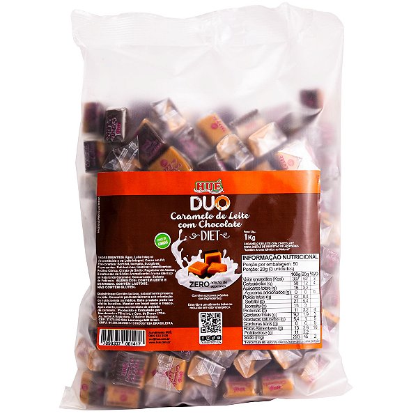 Bala Duo Caramelo de Leite Diet com Chocolate Hué (Sem Adição de Açúcares) Sem Glúten Pacote 1KG