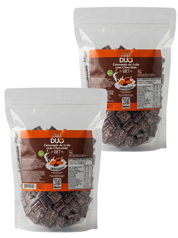 Bala Duo Caramelo de Leite Diet com Chocolate Hué (Sem Adição de Açúcares) Sem Glúten Pacote 1KG Kit 2 unidades