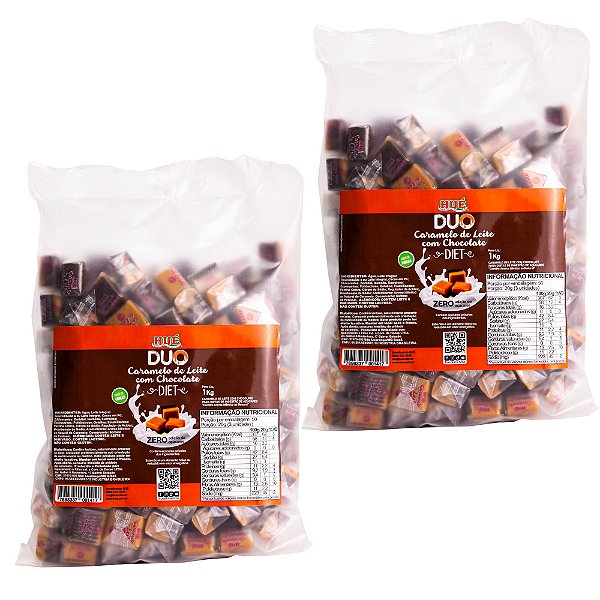 Bala Duo Caramelo de Leite Diet com Chocolate Hué (Sem Adição de Açúcares) Sem Glúten Pacote 1KG Kit 2 unidades