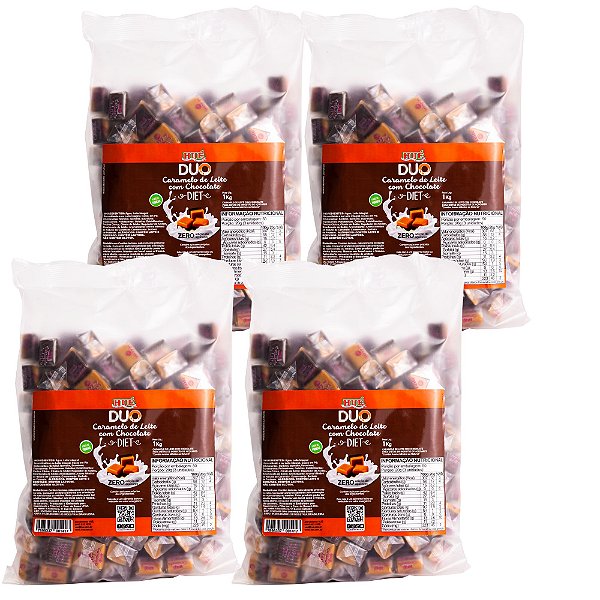 Bala Duo Caramelo de Leite Diet com Chocolate Hué (Sem Adição de Açúcares) Sem Glúten Pacote 1KG Kit 4 unidades