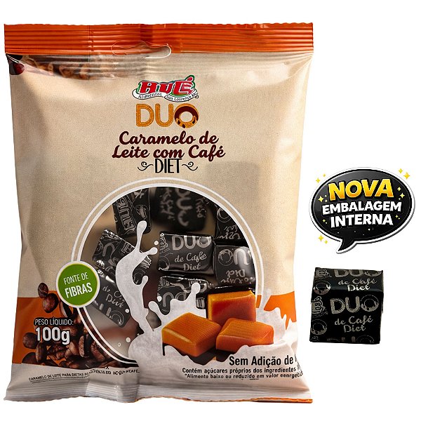 Bala Duo Caramelo de Leite com Café Diet Hué (Sem Adição de Açúcares) Sem Glúten Pacote 100g