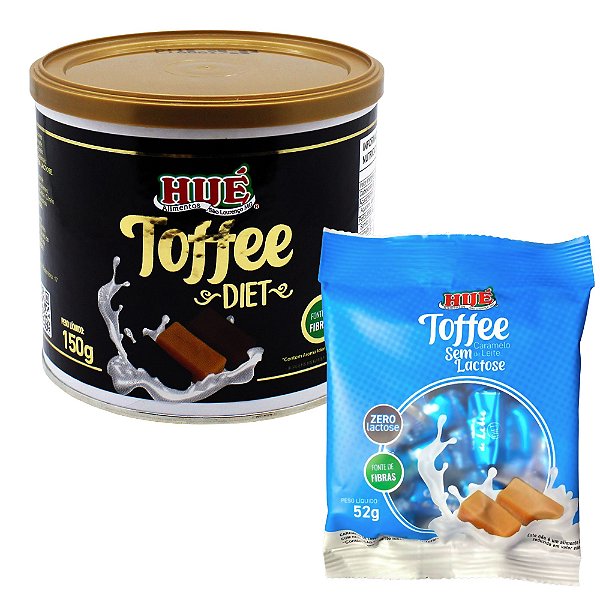 Kit Bala Toffee Misto Diet Hué 150g com os sabores Café, Leite e Chocolate "Latinha Presente" e  Toffee Caramelo sem Lactose 52g