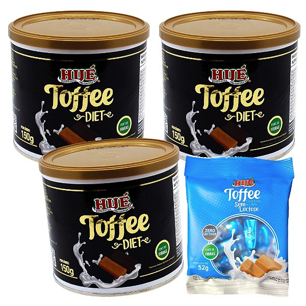 Kit com 3 Balas Toffee Misto Diet Hué 150g com os sabores Café, Leite e Chocolate "Latinha Presente" e  Toffee Caramelo sem Lactose 52g