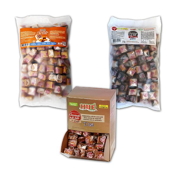 BALA DE CARAMELO DE LEITE PURO, CHOCOLATE E COM CAFÉ DIET