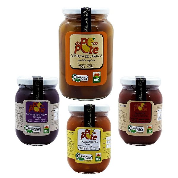 KIT 4 DOCES DE FRUTA CREMES COMPOTAS ORGÂNICOS DO PÉ AO POTE
