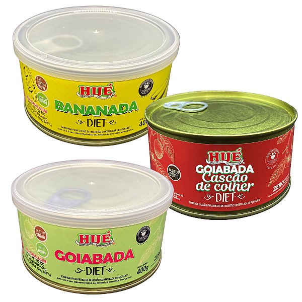 KIT DOCE DE FRUTA DIET EM LATA DE 400G HUÉ GOIABADA DIET DE CORTE GOIABADA DE COLHER BANANADA VEGANA SEM GLÚTEN