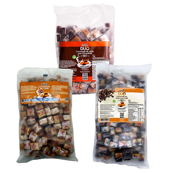 Bala De Caramelo De Leite Puro Chocolate E Café Diet Kit 3un