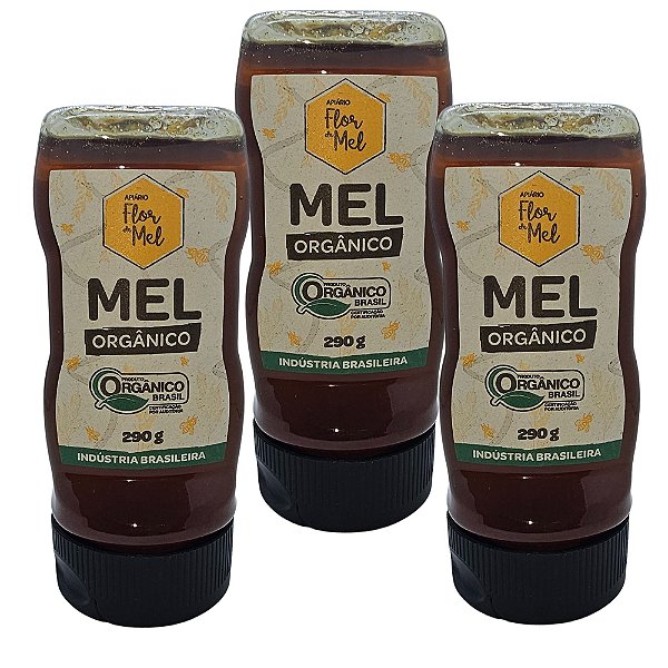 Mel Orgânico 290g (Puro) Sem Glúten Premium Apiário Flor de Mel - Kit 3 unidades