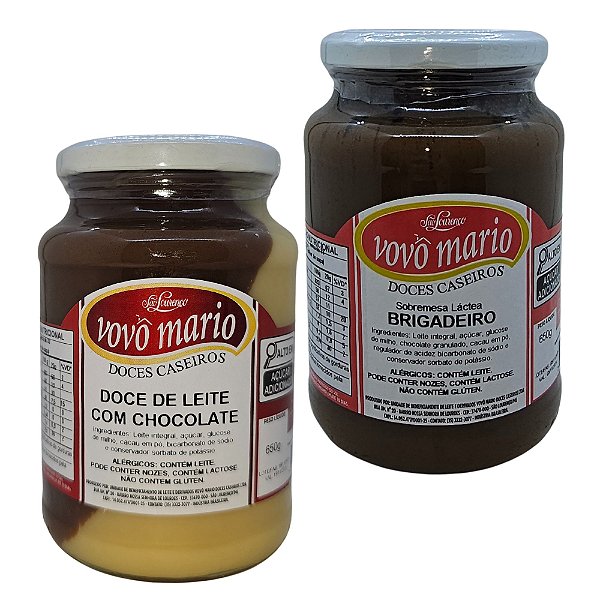 Doce de Leite com Chocolate e Brigadeiro de Colher com Açúcar Sem Glúten Pote 650g​ Doce Vovô Mário Kit 2 unidades