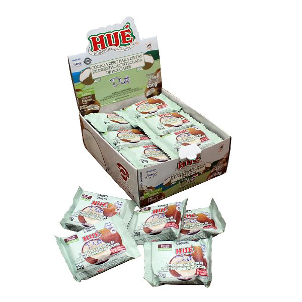 Display Cocada Zero Hué (Sem Adição de Açúcares) Vegano Sem Glúten Sem Lactose 600g (com 24 Tabletinhos de 25g)