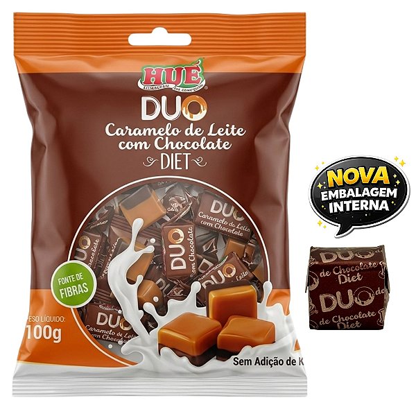 Bala Duo Caramelo de Leite com Chocolate Diet Hué (Sem Adição de Açúcares) Sem Glúten Pacote 100g